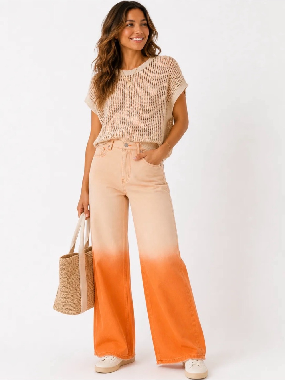 POL Ombre Wide-Leg Jeans in Orange and Cream